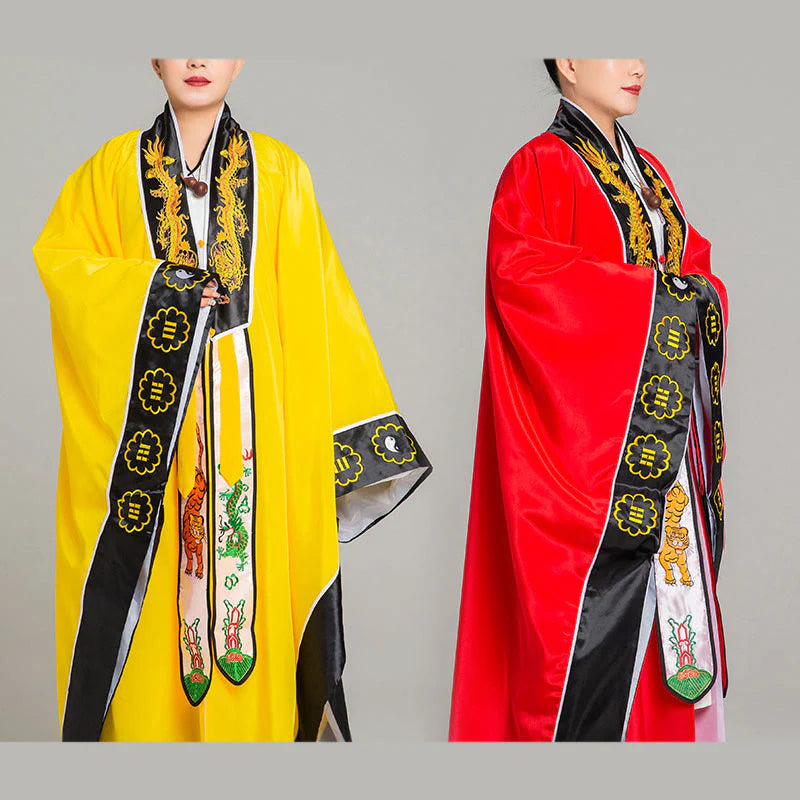 Buddha Stones Wudang Embroidery Dragon Tiger Long Wide Sleeve Unisex Taoist Robe Kimono For Qigong Ceremony
