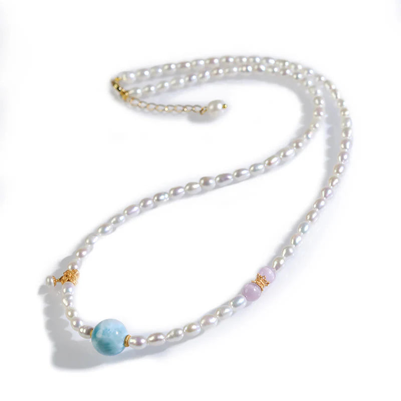 Buddha Stones 925 Sterling Silver Natural Pearl Larimar Sincerity Necklace Pendant