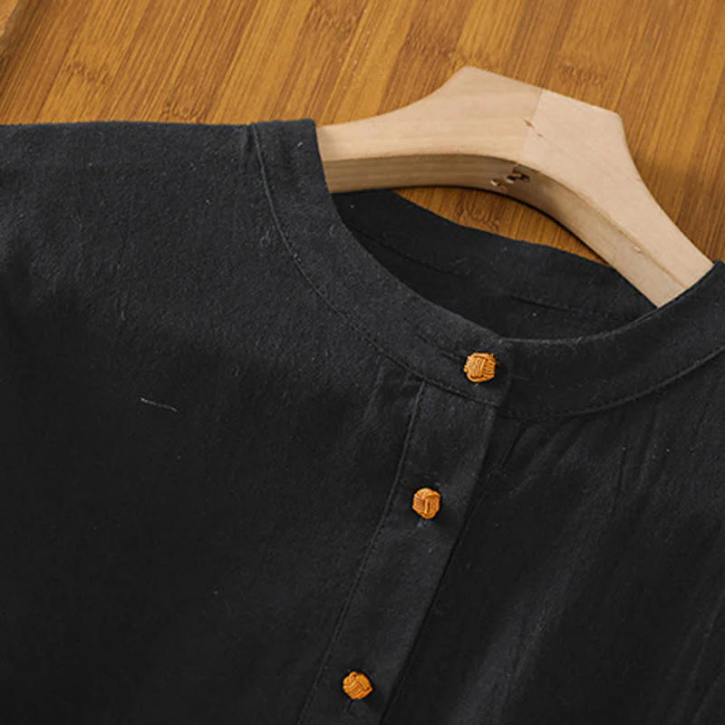 Buddha Stones Summer Casual Pure Color Half Button Simple Design Women's Cotton Linen Half Sleeve Shirt With Pocket