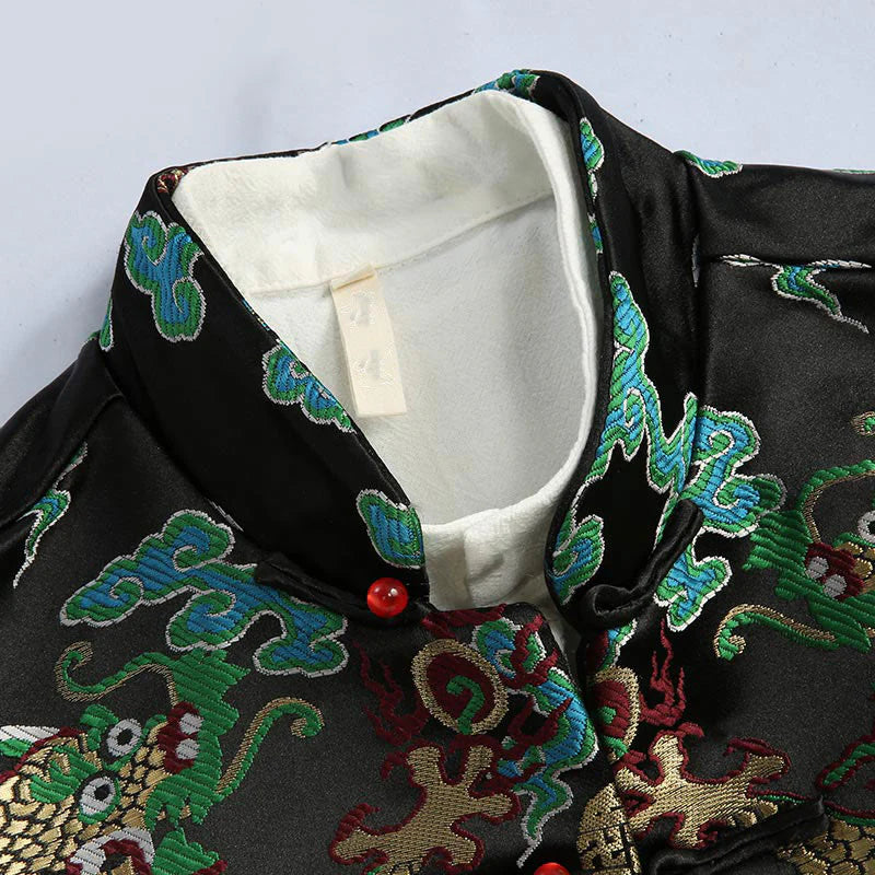 Buddha Stones Chinese New Year Dragon Embroidery Auspicious Clouds Frog-button Tang Suit Men's Jacket Shirt