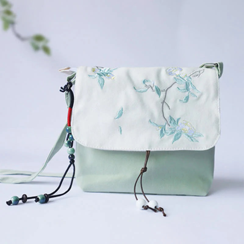Buddha Stones Handmade Embroidered Plum Flowers Canvas Crossbody Bag Shoulder Bag Handbag