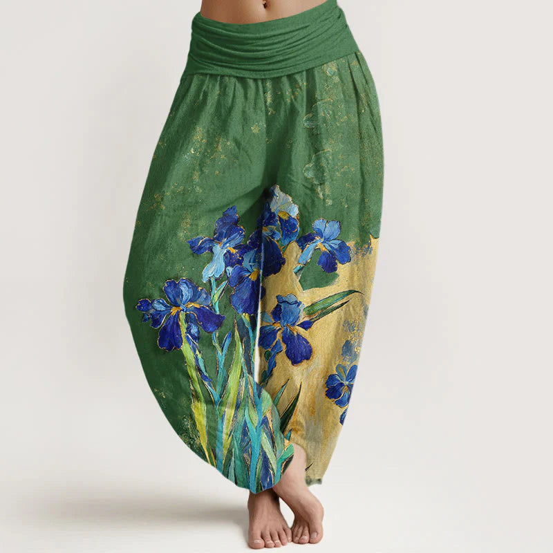 Buddha Stones Irises Pattern Pure Cotton Women's Elastic Waist Harem Pants