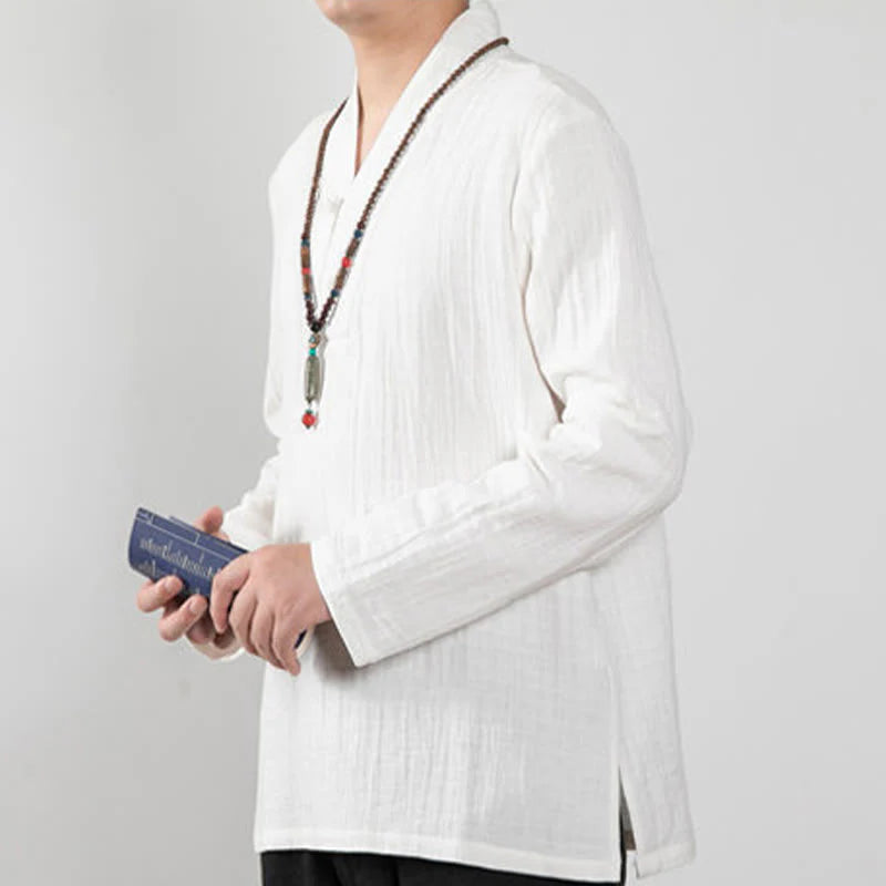 Buddha Stones Fall Simple V-Neck Long Sleeve T-Shirt Cotton Men Clothing