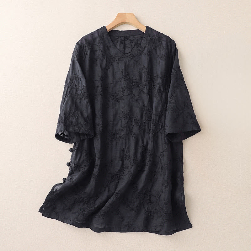Buddha Stones Spring V-Neck Long Sleeve Leaf Pattern Women's Cotton Shirt