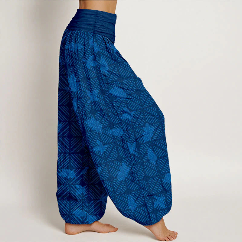Buddha Stones Cotton Neatly Arranged Checkered Leaf Pattern Women's Elastic Waist Harem Pants