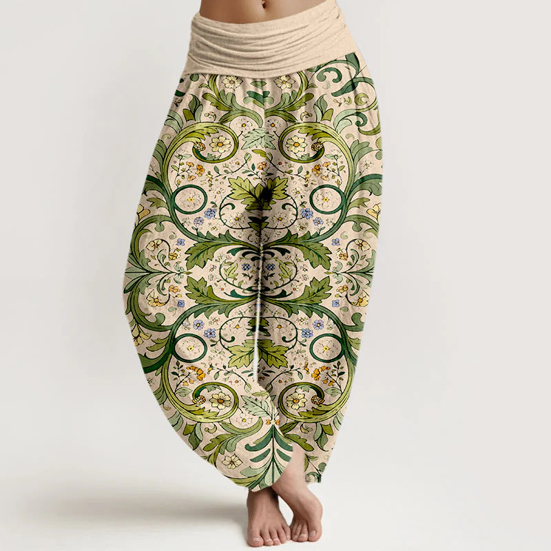 Buddha Stones Pure Cotton Layered Leaves Vines Flowers Pattern Women's Elastic Waist Harem Pants
