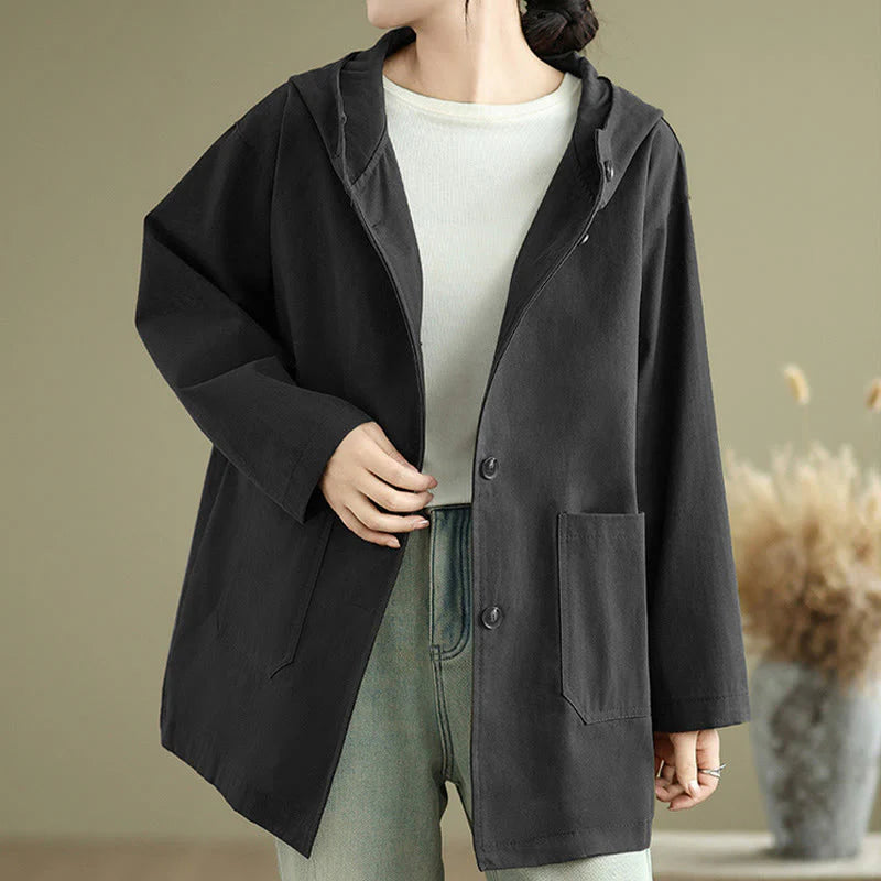 Buddha Stones Fall Vintage Hoodie Women's Cotton Linen Jacket With Front Pockets