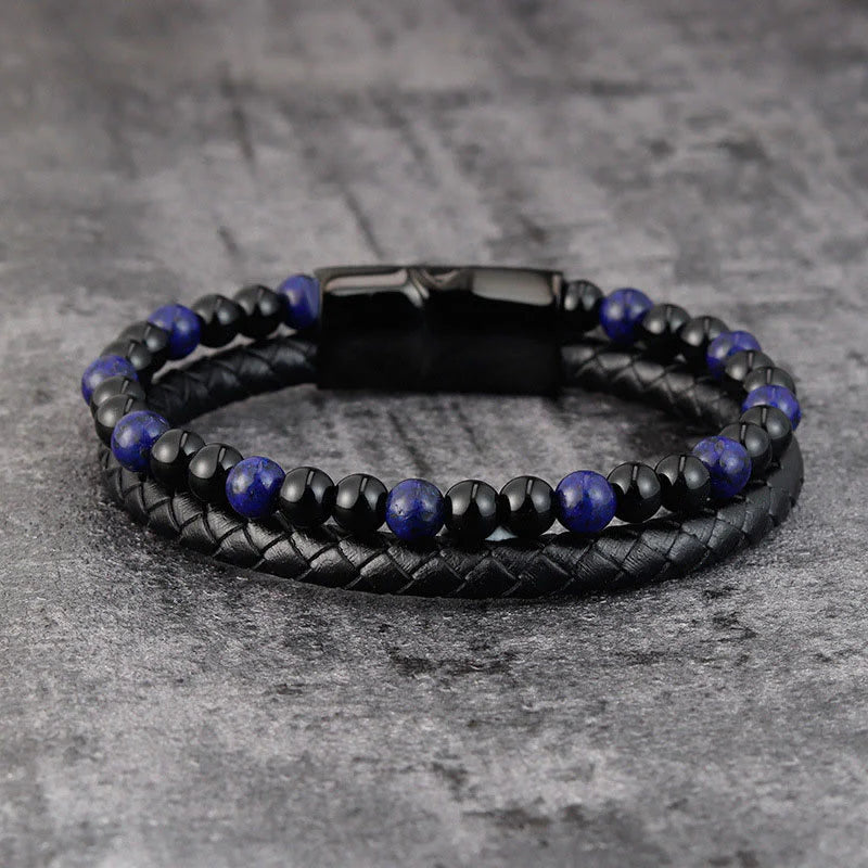 Buddha Stones Black Onyx Lazurite Lapis Lazuli Titanium Steel Positive Self Care Leather Bracelet