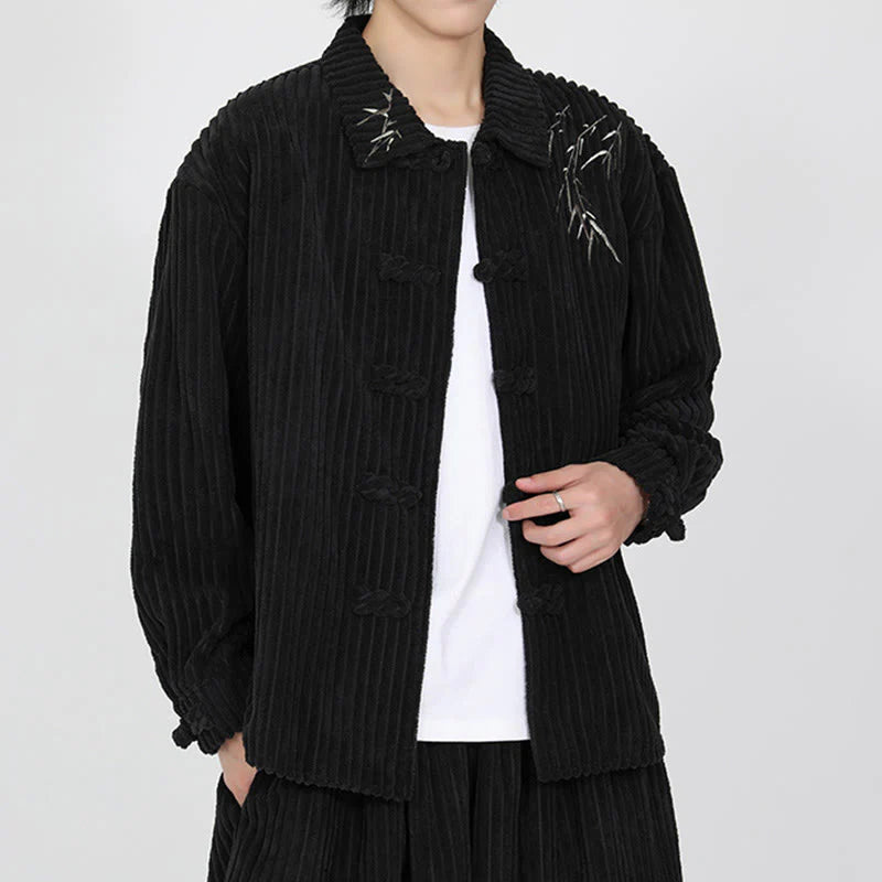 Buddha Stones Embroidery Bamboo Pattern Frog-Button Desgin Long Sleeve Men's Cotton Corduroy Jacket