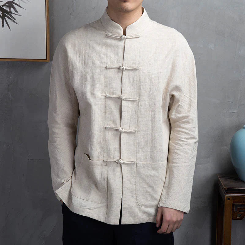Buddha Stones Solid Color Casual Frog-button Men's Shirt Clothing