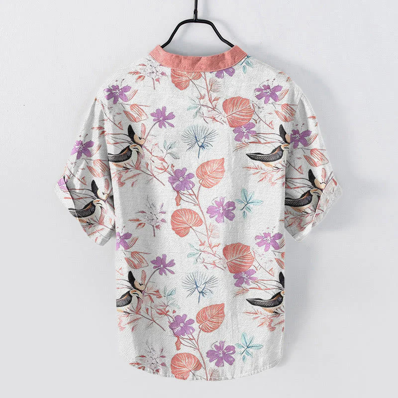 Buddha Stones Cotton Tropical Floral Bird Pattern Men's Short Sleeve Half Button Shirt
