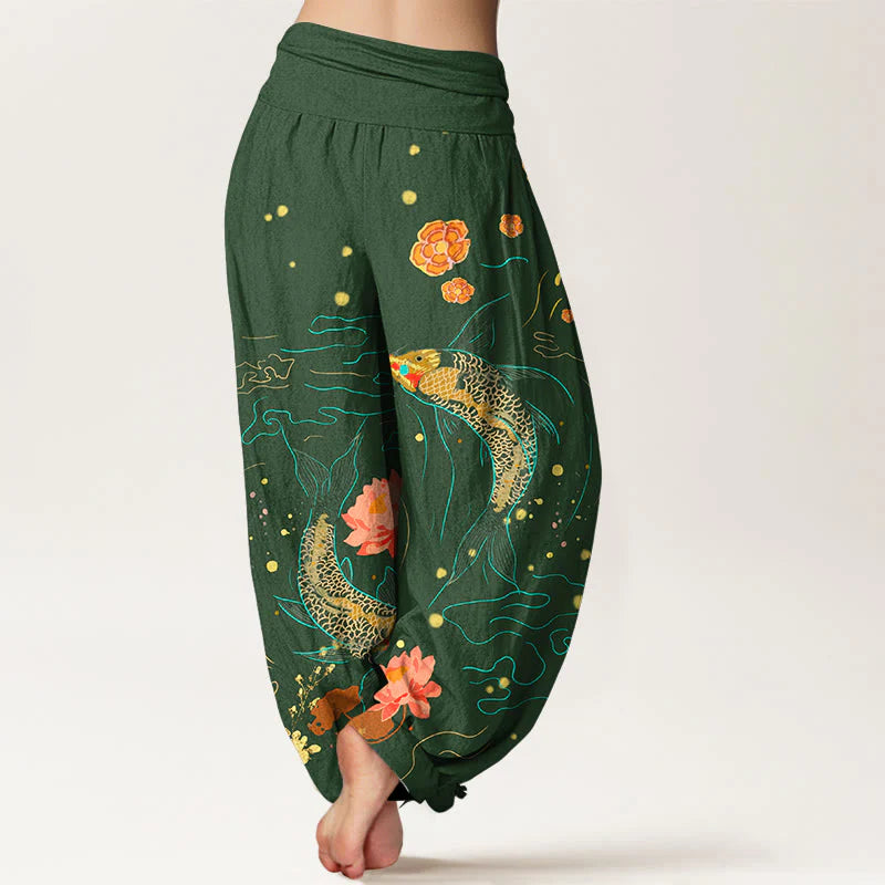 Buddha Stones Koi Fish Lotus Pattern Women's Elastic Waist Harem Pure Cotton Printed Pants