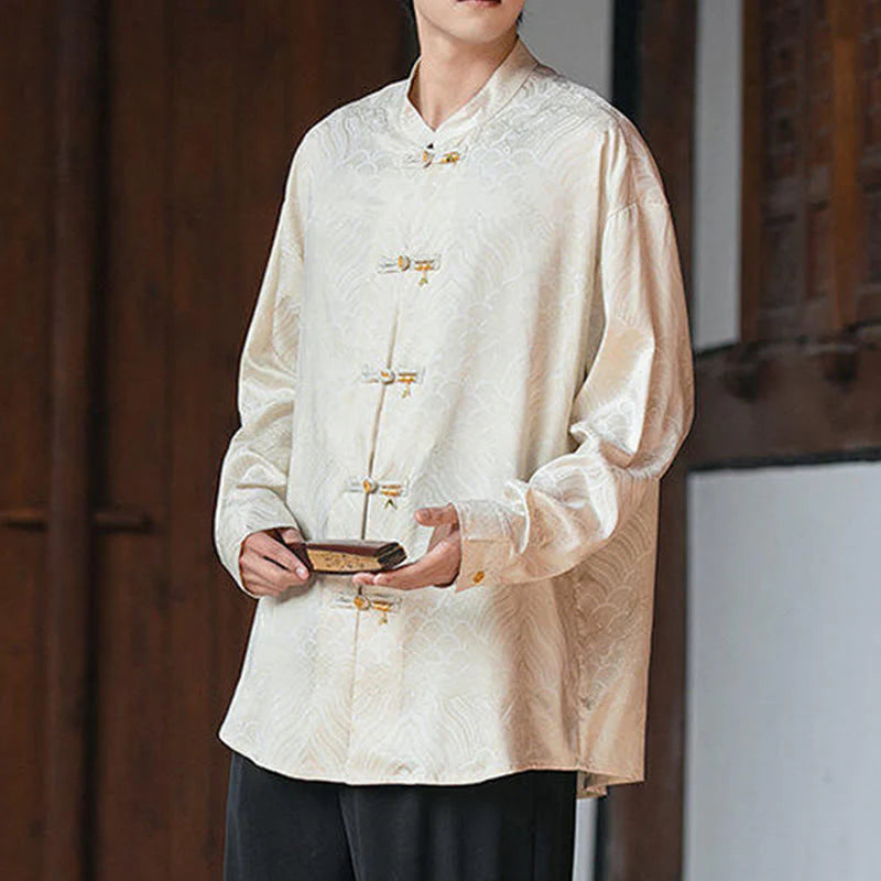 Buddha Stones Chinese Frog-Button Bamboo Shape Design Stand Collar Men's Long Sleeve Shirt