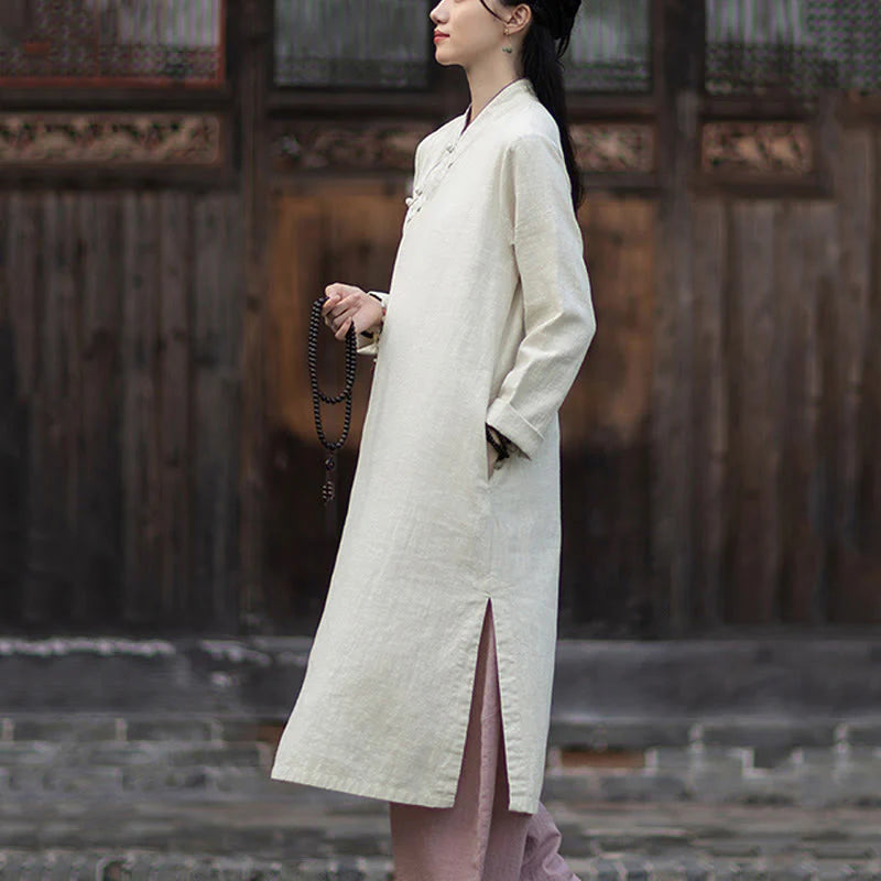 Buddha Stones Solid Frog-Button Long Sleeve Ramie Linen Midi Dress Cheongsam With Pockets
