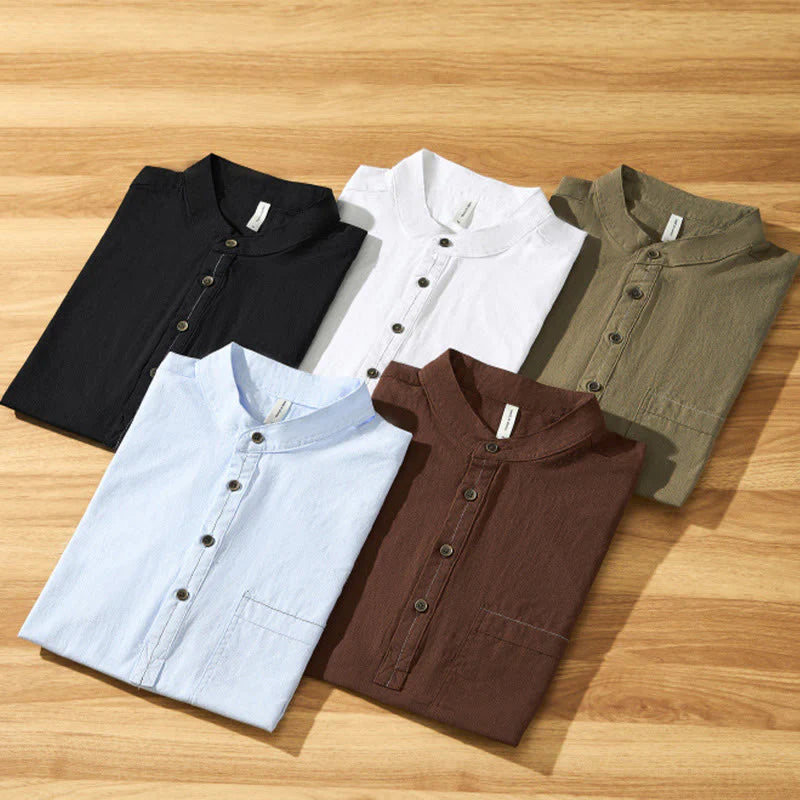 Buddha Stones Summer Solid Men's Half Button Short Sleeve Cotton Shirt