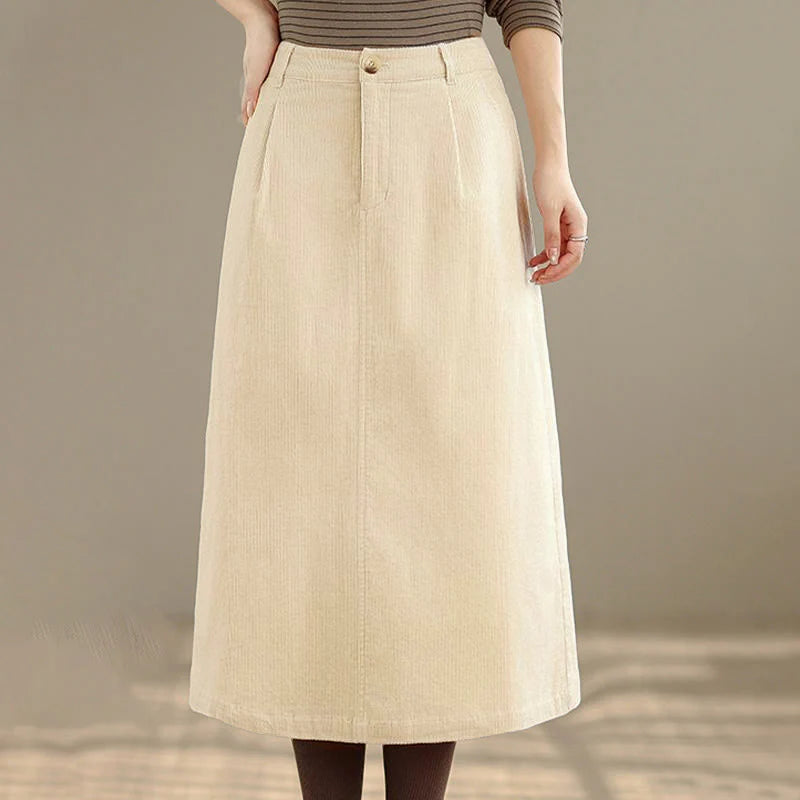 Buddha Stones Pure Color Elastic Waist Women's 7-8 Length Corduroy Skirt With Pockets