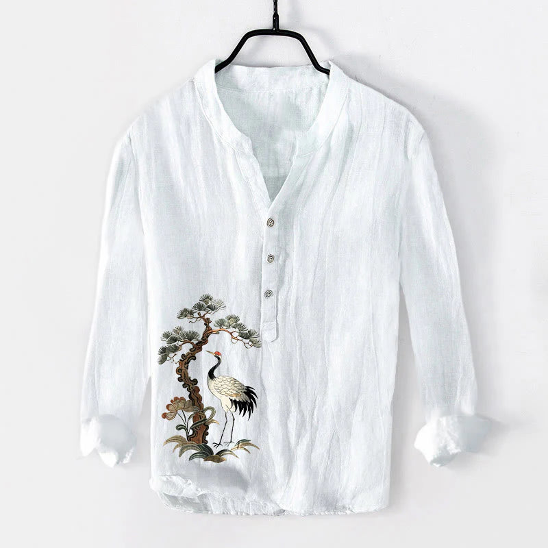 Buddha Stones Cranes Pine Tree Pattern Half Buttons Cotton Linen Men's Long Sleeve Shirt