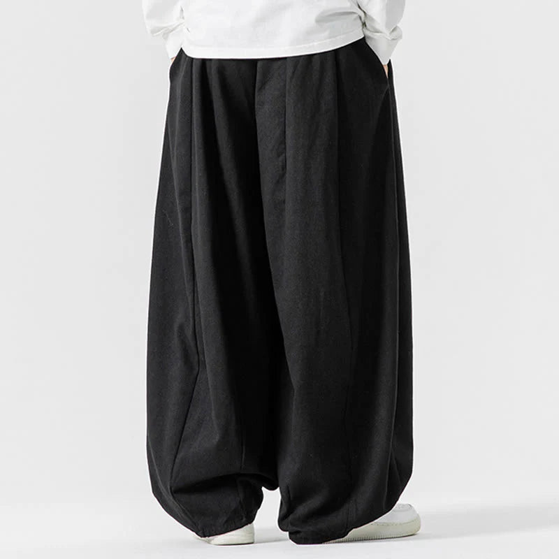 Buddha Stones Fall Solid Color Cotton Elastic Waist Men's Harem Pants With Pockets