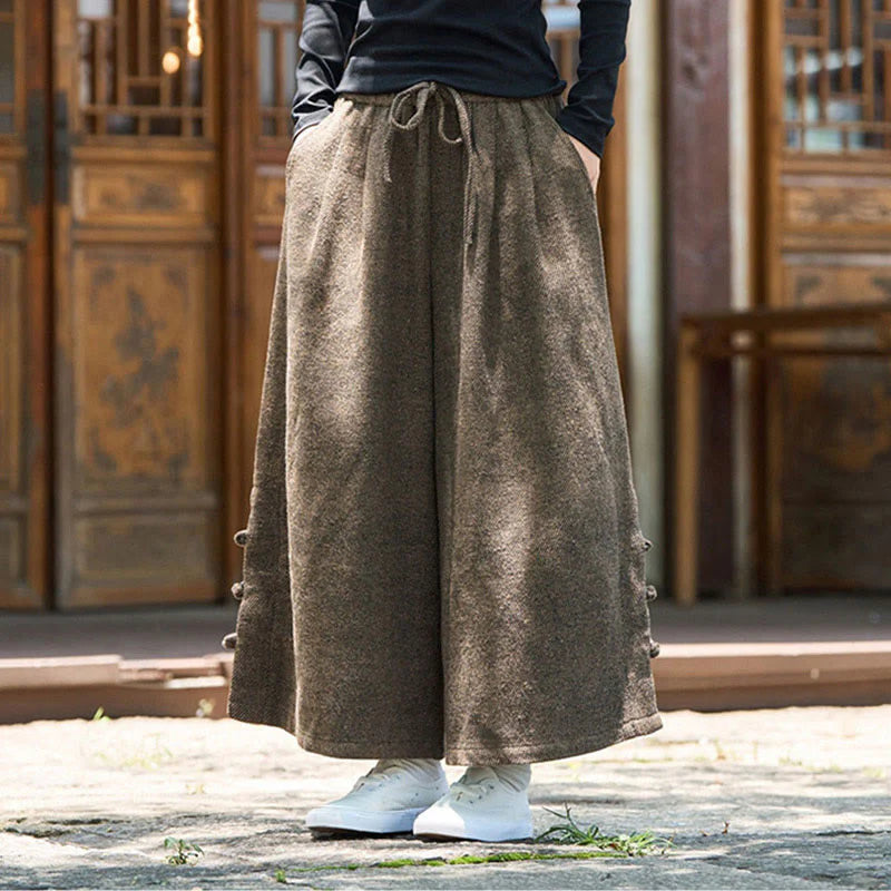 Buddha Stones Winter Chinese Frog-Button Design Corduroy Thermal Men's Wide Leg Pants With Pockets