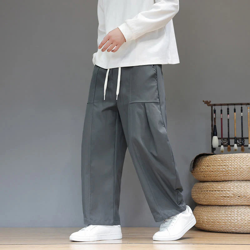 Buddha Stones Fall Pure Color Cotton Men's Cropped Harem Pants With Pockets