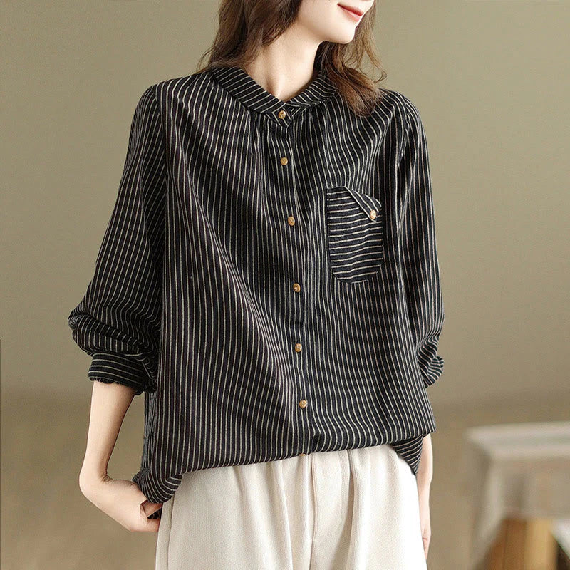 Buddha Stones Spring Causal Splice Design Striped Long Sleeve Button Lapel Cotton Linen Women's Shirt With Pocket