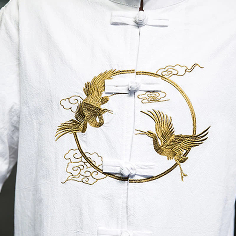 Buddha Stones Embroidery Cranes Pattern Frog-Button Men's Cotton Long Sleeve Jacket With Pockets