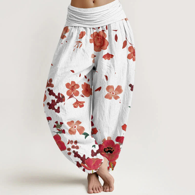 Buddha Stones Cotton Red Flowers Common Poppy Design Women's Elastic Waist Harem Pants