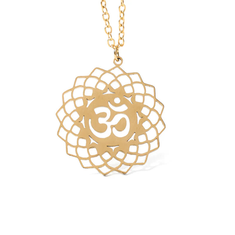 Buddha Stones Hollow Lotus Design Om Symbol Stainless Steel Connection Necklace Pendant
