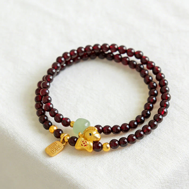 Buddha Stones Year Of The Horse Garnet Jade Fu Character Stability Double Wrap Bracelet