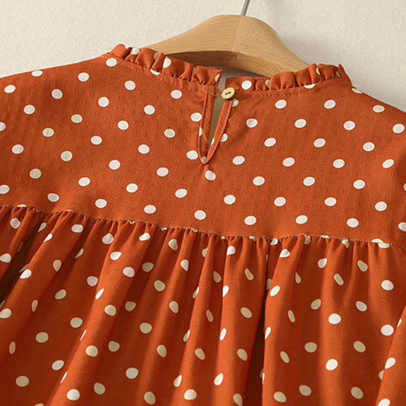 Buddha Stones Fall Polka Dot Design Crew Neck Long Sleeve Cotton Women's Midi Dress