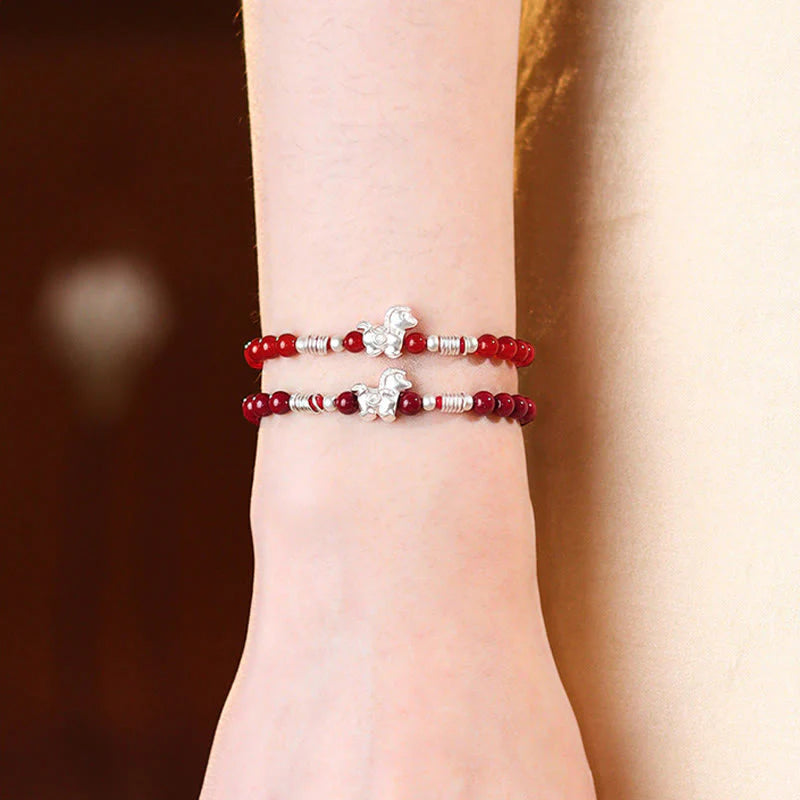 Buddha Stones Year Of The Horse Red Agate 999 Sterling Silver Cinnabar Calm Bracelet