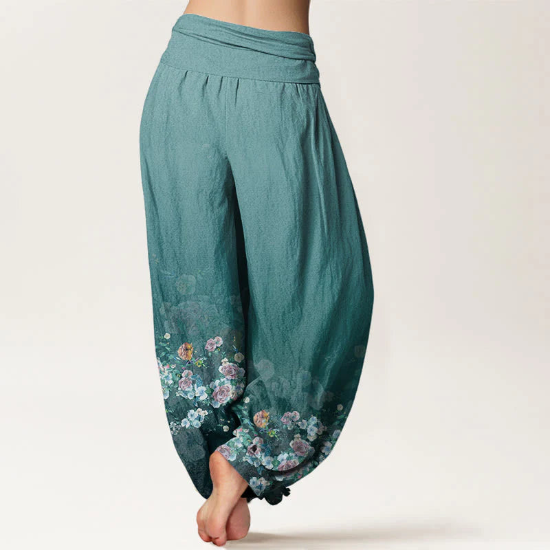 Buddha Stones Cotton Colorful Rose Flowers Design Women's Elastic Waist Harem Pants