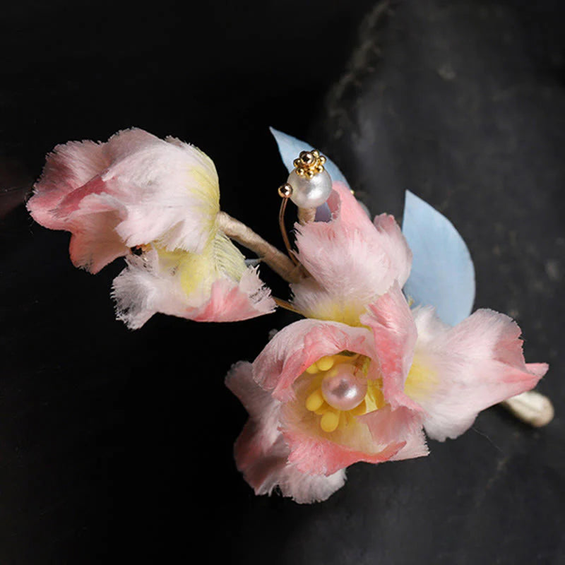 Buddha Stones Handcrafted Silk Art Pink Iris Flower Protection Brooch