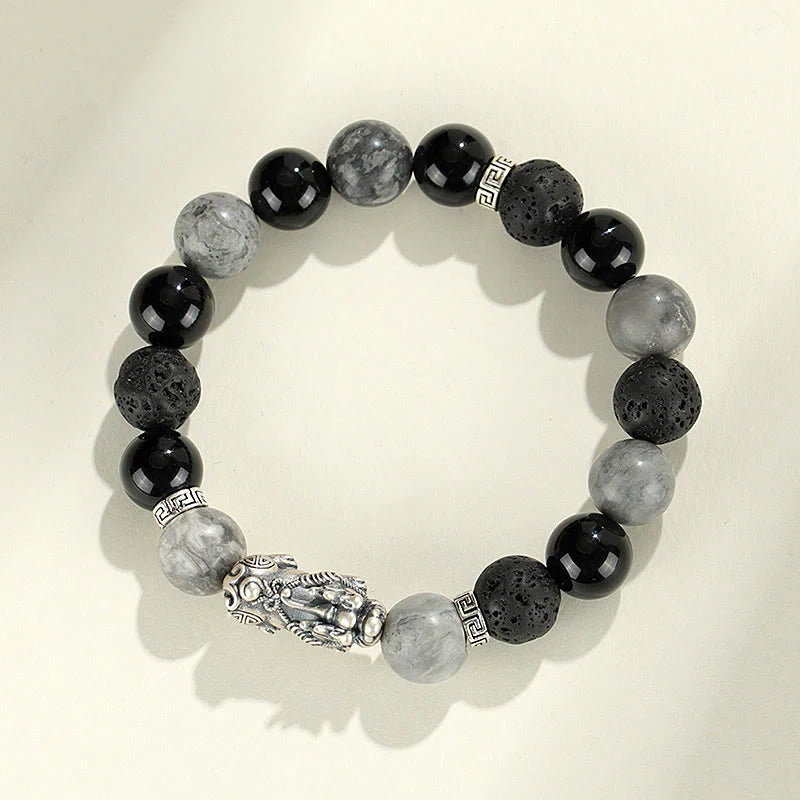Buddha Stones 999 Sterling Silver PiXiu Black Onyx Grey Jasper Lava Rock Protection Bracelet