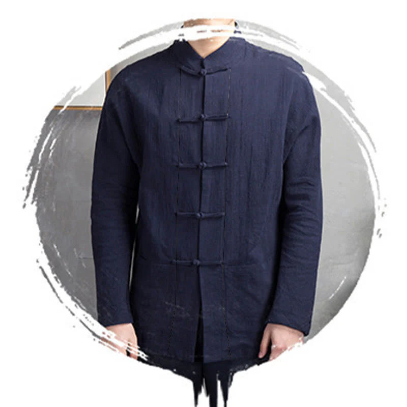 Buddha Stones Solid Color Casual Frog-button Men's Shirt Clothing