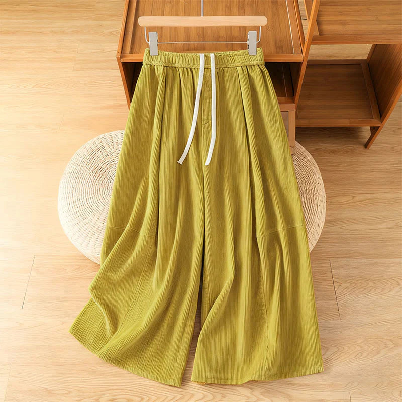 Buddha Stones Plain Elastic Waist Women's Cropped 7-8 Length Wide Leg Corduroy Pants