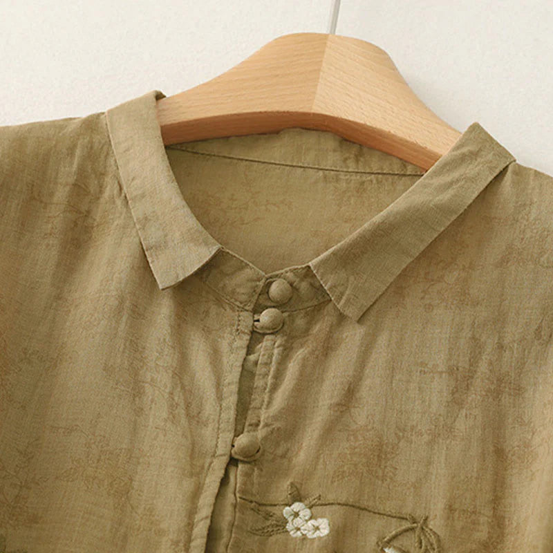 Buddha Stones Stand Collar Embroidery Button Design Three Quarter Sleeve Summer Women's Shirt