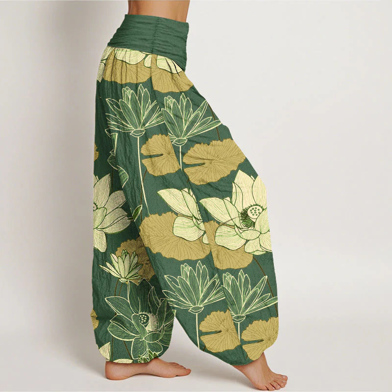 Buddha Stones Pure Cotton Retro Lotus Flowers Leaves Pattern Women's Elastic Waist Harem Pants