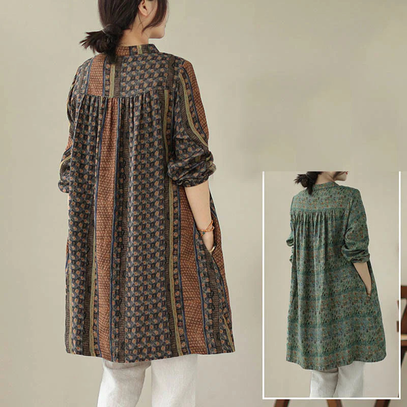 Buddha Stones Retro Printed Floral Women's Accordion Pleats Design Long Sleeve Shirt With Pockets
