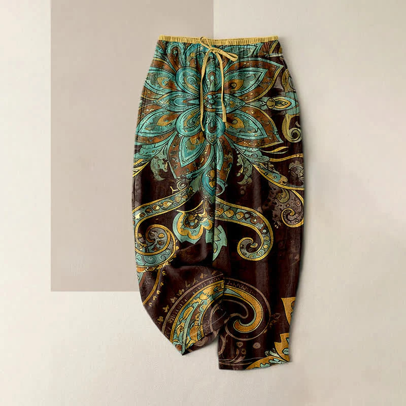 Buddha Stones Cotton Paisley Mandala Pattern Elastic Waist Women's Pants With Pockets