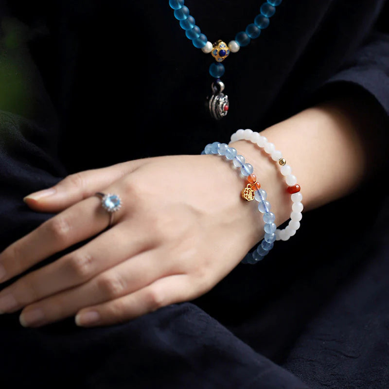 Buddha Stones Natural Aquamarine Red Agate Healing Charm Bracelet