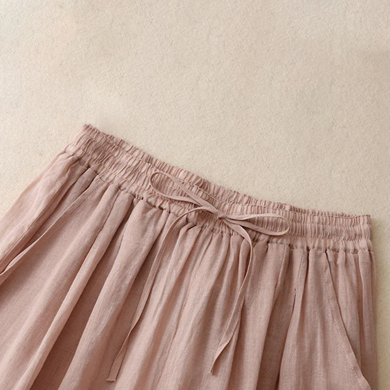 Buddha Stones Commute Solid Color Embroidery Drawstring Women's Wide Leg Ankle-Length Cotton Pants With Pockets