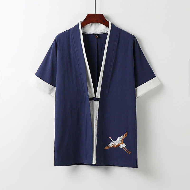Buddha Stones Fake Two-piece Men's Half Sleeve Cardigan Embroidery Hanfu Comfort Cotton Kimono