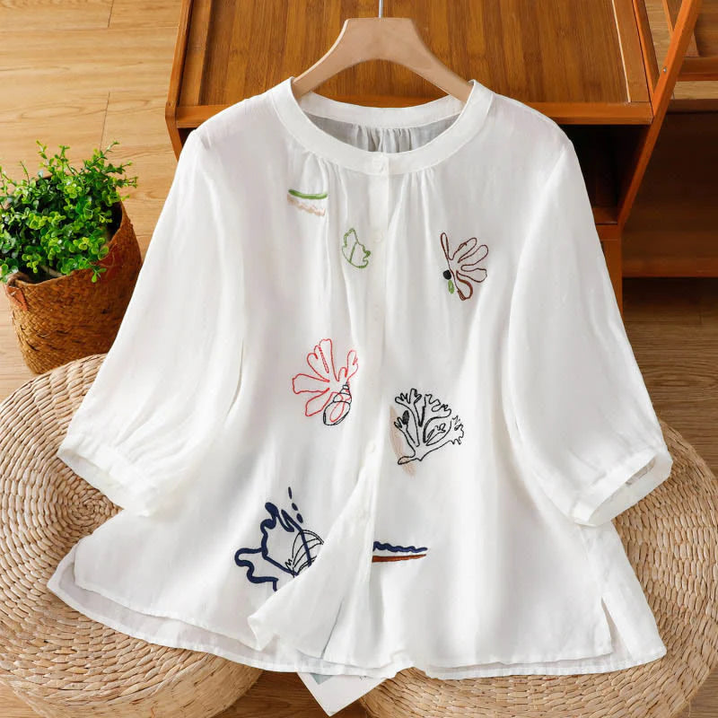 Buddha Stones Coral Gourd Pattern Crew Neck Half Sleeve Women's Polyester Shirt