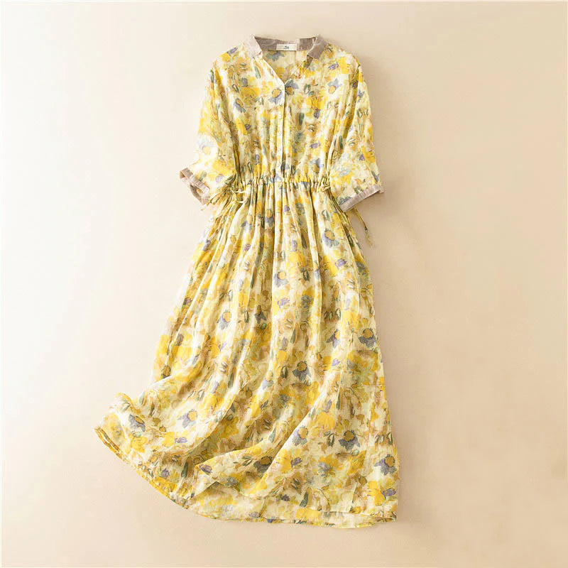 Buddha Stones Half Sleeve Color Contrast Floral Pattern Midi Dress With Pockets