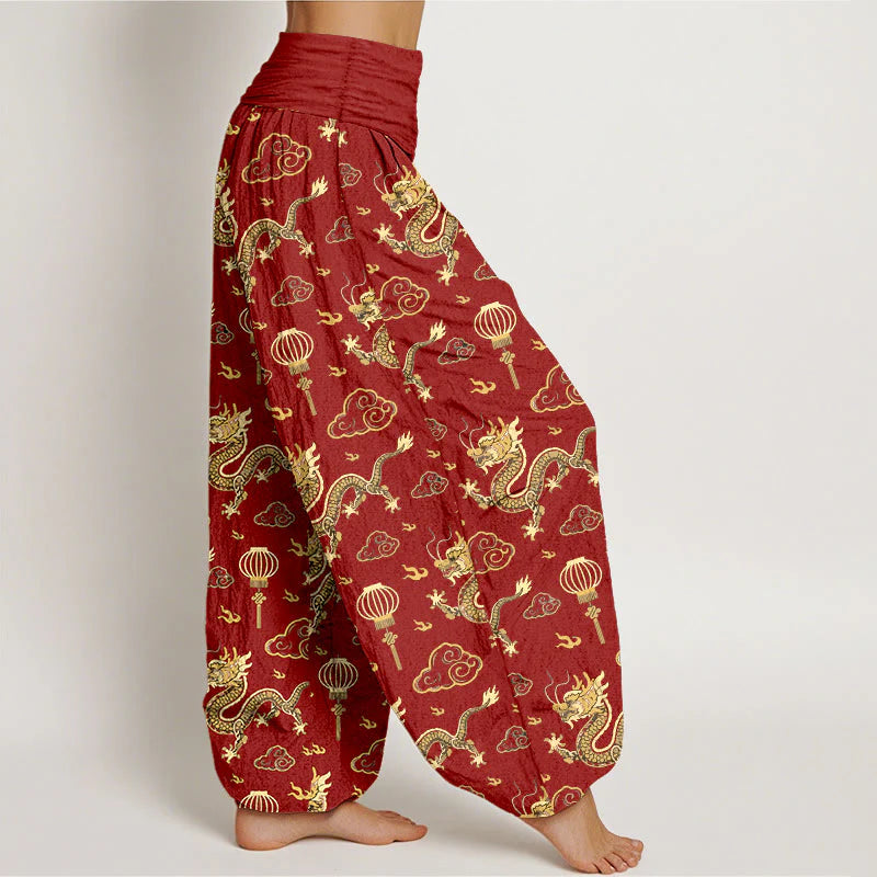 Buddha Stones Print Dragon Auspicious Cloud Lantern Pattern Women's Elastic Waist Harem Cotton Pants