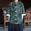 Buddha Stones Jacquard Butterfly Pattern White Frog-Button Design Stand Collar Men's Three Quarter Sleeve Cotton Shirt Cardigan