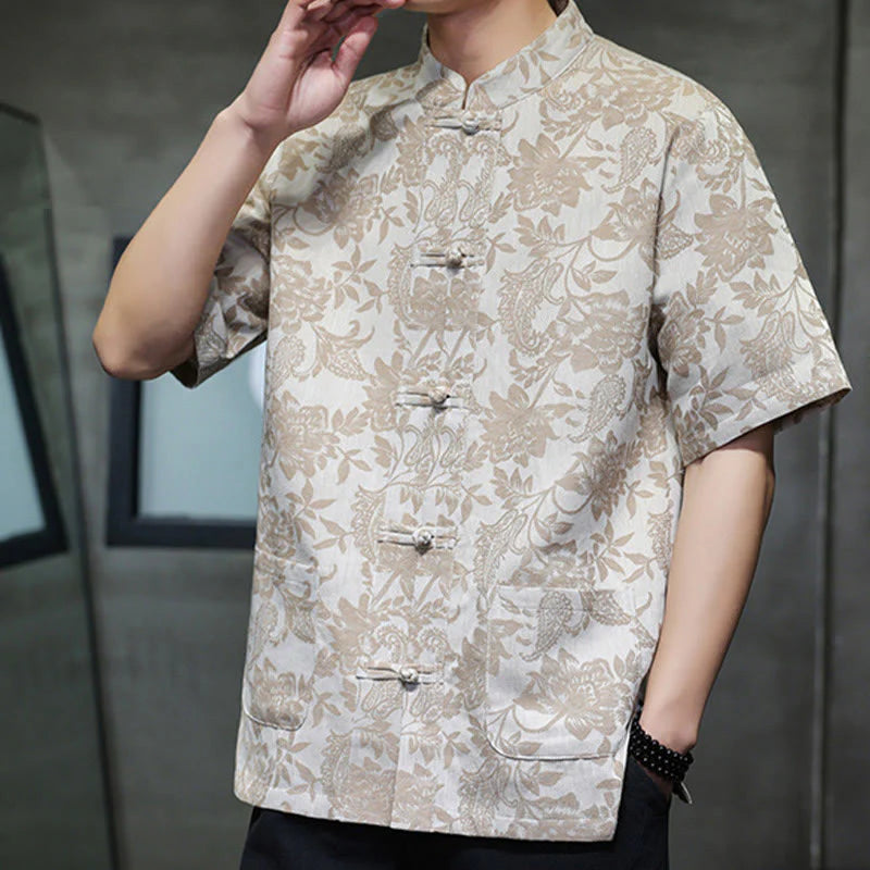 Buddha Stones Casual Jacquard Paisley Flower Plant Pattern Frog-Button Design Men's Cotton Shirt Cardigan With Pockets