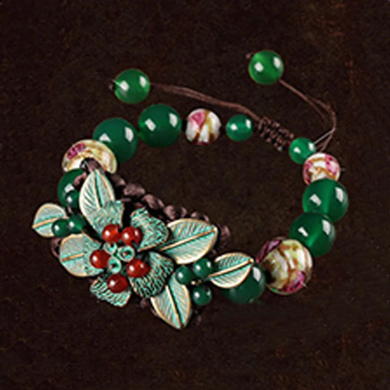 Buddha Stones Green Agate Glass Flower Beads Braided Knot Support Bracelet