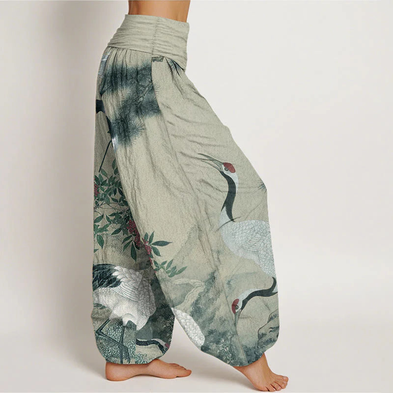 Buddha Stones Cotton Casual Red-crowned Crane Pine Tree Mountain Women's Elastic Waist Harem Pants